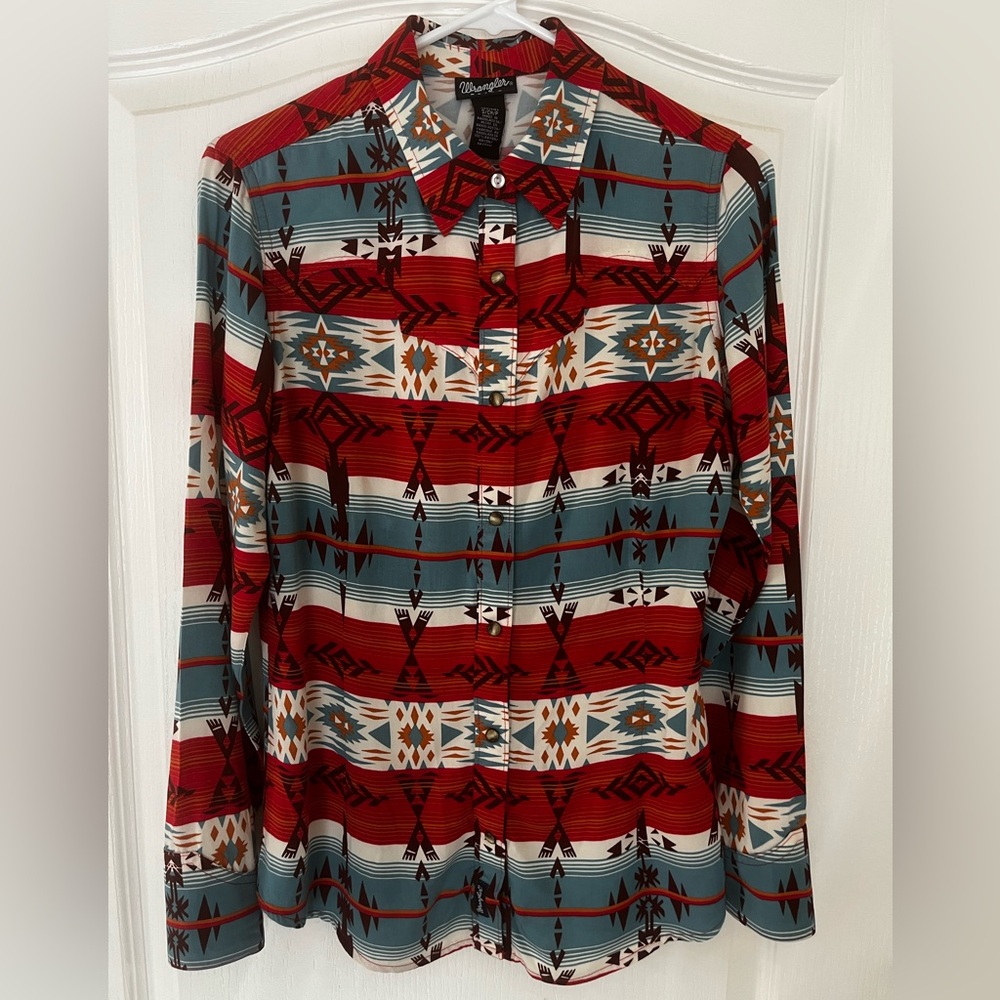 Wrangler Retro Teal Red Brown Southwest Aztec Pearl Snap Western Shirt, Size S - Picture 5 of 15